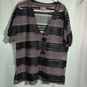 Women’s Sheer Striped Knit Cardigan – Black & Neutral Short Sleeve